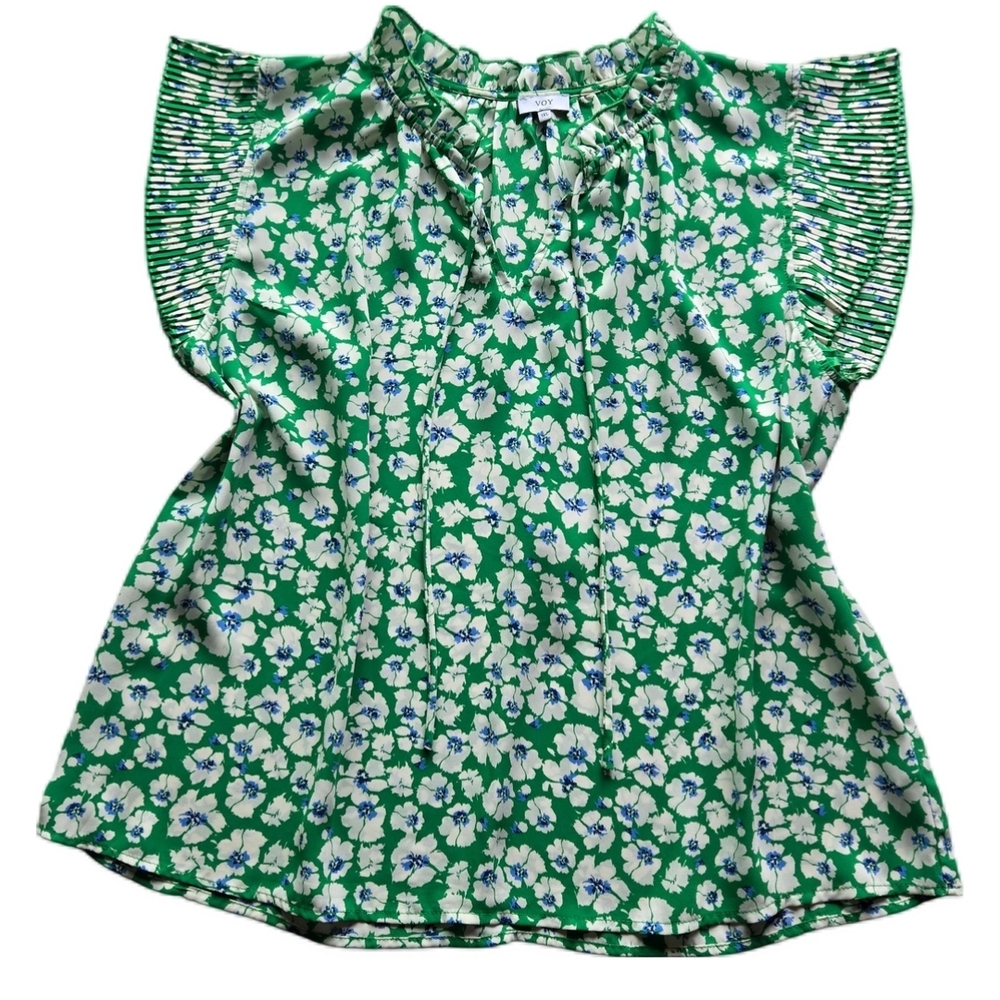 Vibrant Green Floral Top with Ruffle Detail